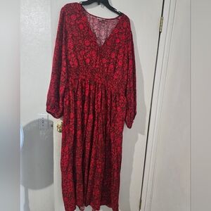 XXL Knox Rose Red Floral Long Sleeve Dress. Elasric Waist And Sleeves.